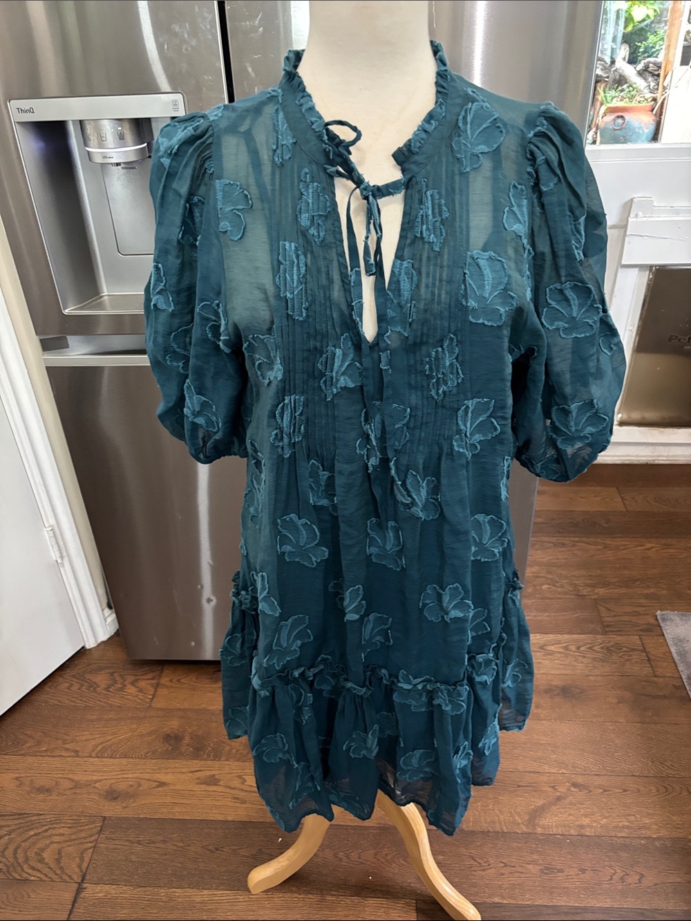 Sundance Teal Embroidered Puff-Sleeve Tunic dress